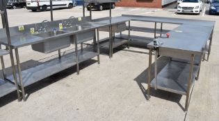1 x Stainless Steel Commercial Kitchen - Features Wash Basin, Prep Tables, Shelving Unit, Can
