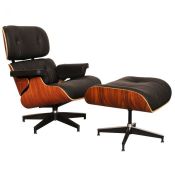 1 x Eames Inspired Lounge Chair With Matching Ottoman Footrest With Black Leather Upholstery