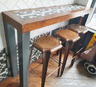 1 x Restaurant Seating Bench Table With Tiled Top and Three Copper Bar Stools - Bench Size H110 x