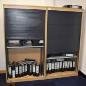 1 x Upright Beech Office Storage Cabinets With Grey Tambour Roll Up Doors - H180 x W90 x D50 cms -