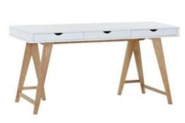 1 x Blue Suntree Ellwood Trestle Desk With a White Finish, Oak Legs and Three Storage Drawers - H76