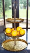 1 x Three Tier Pitted Brass Cake Stand - Height 68 x Diameter 39 cms - CL546 - Location: Hale,