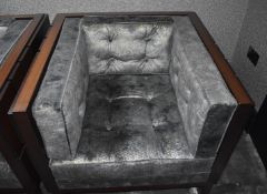 1 x Bespoke Armchair With Grey Upholstery and Wood Panel Back and Sides - Dimensions: H74 x W90 x