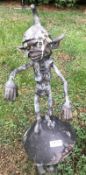 1 x Tall Bronze Garden Sculpture Of An Elf / Pixie / Goblin Stood On Top Of A Large Mushroom - Dimen