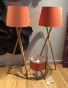 2 x Wooden Tripod Floor Lamps and White Ceramic Table Lamp - Each With Contemporary Orange
