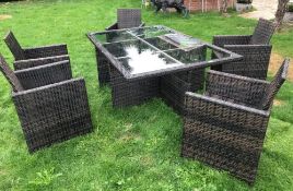 1 x Large Wicker / Rattan Outdoor Dining Table Set With Insert Glass Top And 6 Matching Dining