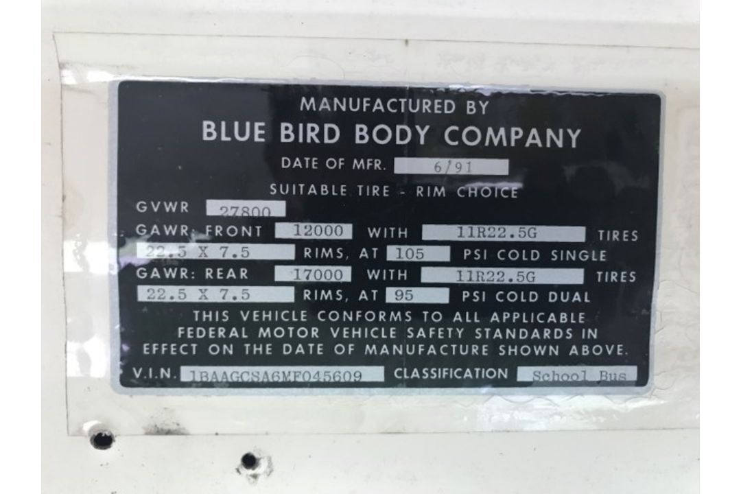 1991 BLUEBIRD SCHOOL BUS VIN: 1BAAGCSA6MF045609 Odometer States: 68171 Colo - Image 7 of 9
