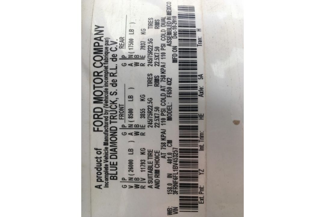 2011 Ford F-650 Flatbed VIN: 3FRNF6FL1BV453257 Odometer States: 129608 Colo - Image 7 of 7