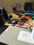 Contents of the office comprising, desk, pedestal, 2 x armchairs, visitor's chair, office chair, 2 x