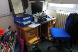 Contents of room comprising, kneehole desk, gas lift chair, Stone Windows 7 PC, desk fan