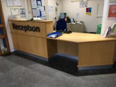 Contents of Reception comprising, 4 piece modular desk, 2 x office chairs, cupboard, pedestal, 2 x c