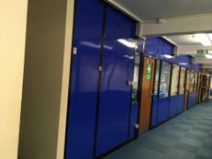 Demountable partition wall with mild steel frame and polycarbonate and glazed insert panels with sin