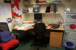 Contents of room comprising, 2 x curve front desk, cantilever frame table, computer desk, side unit,