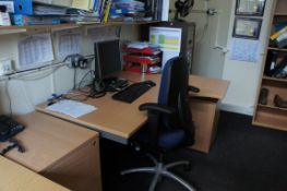 Miscellaneous lot comprising, 3 x curve front desks, 3 x three drawer pedestal, 3 x gas lift chairs,