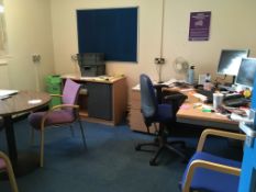 Contents of the office comprising, 3 x tables, tambour cupboard, desk, visitor's chair, office chair
