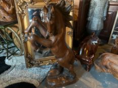 SOLID WOOD HIGHLY CARVED REARING MUSTANG STATUE