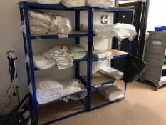 7 bays blue metal racking,1x bay wooden racking, 1x stainless steel hand wash basin