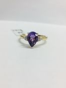 9Ct Yellow Gold Amethyst Diamond Navette Style Dress Ring,