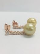 Pair 14Ct Rose Gold Pearl And Diamond Drop Earrings.