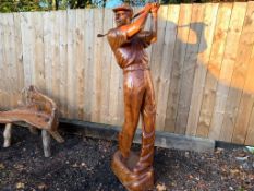 HIGHLY CARVED MASTERPIECE OF A 2M TALL WOODEN SOLID HEAVY GOLFER IN MOTION