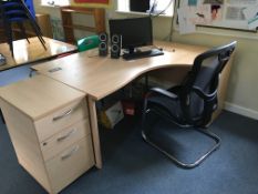 Curve front desk, three drawer pedestal, gas lift office chair, Viewsonic monitor, keyboard and mous