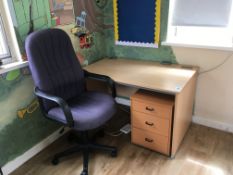 Computer desk, three drawer pedestal, office chair