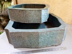 1 pair of galvanised planters - different sizes but same style - 60 x 60 x 16 and 45 x 45 x 12
