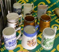 9x Decorative Ceramic Tankards.