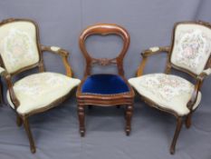 FRENCH STYLE TAPESTRY SEATED ARMCHAIRS, A PAIR, and a reproduction mahogany balloon back side chair,