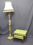 FRENCH STYLE GILT & PAINTED STANDARD LAMP with shade and two faux onyx and gilt wood tables on brass