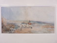 D COX (bears signature) watercolour - farmers droving sheep on horseback and with dog, 18 x 36cms