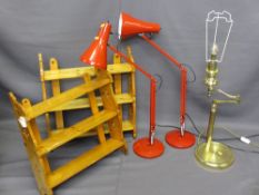 TWO RED ANGLEPOISE LAMPS, brass adjusting lamp and a pair of pine open wall shelves E/T
