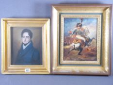 UNSIGNED GOUACHE PORTRAIT OF A PERIOD GENTLEMAN, 23 x 19cms and an oilograph of a soldier on