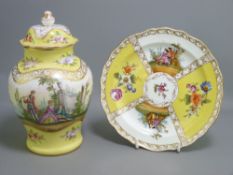 HELENA WOLFSOHN & MEISSEN YELLOW GROUND CABINET PORCELAIN including a bulbous jar and cover, 20cms H
