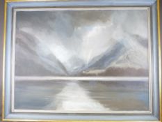 KEITH ANDREW oil on canvas - Snowdon behind clouds beyond lake, entitled verso on Tegfryn Gallery