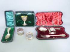CASED & LOOSE SMALL SILVER, a quantity to include a fork, spoon and napkin set, Sheffield dates