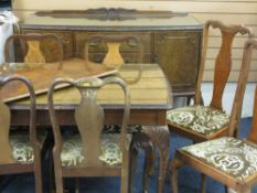 VINTAGE WALNUT DINING ROOM SUITE of sideboard, extending dining table with one extra leaf and six