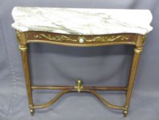 EMPIRE STYLE CONSOLE TABLE with shaped pink marble top, gilt metal mounts and X frame stretcher,