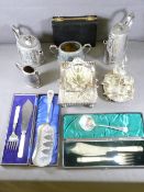 EPNS & OTHER PLATEDWARE including cased servers, embossed bread basket and sugar pot with swing