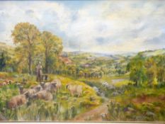 R J HAMMOND (attributed to) oil on canvas - farmer tending sheep, 40 x 60cms