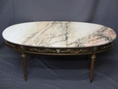 EMPIRE STYLE PINK MARBLE TOP COFFEE TABLE with gilt metal mounts, 49cms H, 121cms L, 63cms W