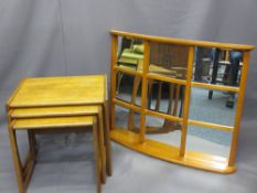 MID-CENTURY TEAK SET OF THREE TABLES and a bowed bevelled edge wall mirror, various measurements