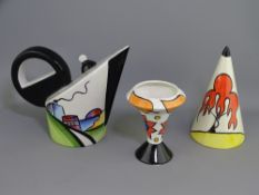 LORNA BAILEY POTTERY - three items including a stylised teapot, conical sugar sifter and small vase,