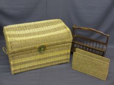 WICKER DOME TOP CHEST, a similar magazine rack and one other, 46cms H, 74cms L the chest