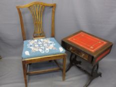 REPRODUCTION LYRE END SIDE TABLE with an antique mahogany side chair