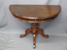 REPRODUCTION MAHOGANY SINGLE DRAWER HALL TABLE, demi-lune top on a carved column tripod base,