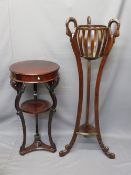 REPRODUCTION MAHOGANY TWO-TIER HALL TABLE and a jardiniere stand, both having bird decoration, 87