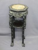CHINESE CARVED HARDWOOD STAND with inset marble top and under-tier shelf, 84cms H, 35cms W