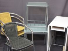 MODERN FURNITURE ITEMS, a quantity including a folding white and silver metal table, two glass top