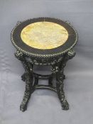 CHINESE CARVED HARDWOOD STAND with inset marble top, 45cms H, 35cms diameter top